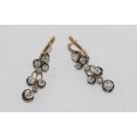 Antique 14ct gold & silver diamond drop earrings Russian made, C:1900, with 16 old mine cut