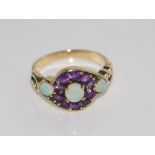 Vintage 9ct yellow gold, amethyst and opal ring weight: approx 3.3 grams, size: N/6-7