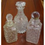 Georgian pressed glass decanter together with 2 Victorian cut glass decanters