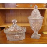 Georgian glass lidded urn and lidded basket 27cm & 16cm high, both as inpected.