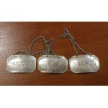 Three Victorian sterling silver bottle labels Brandy, Scotch & Irish, hallmarked Birmingham 1898,