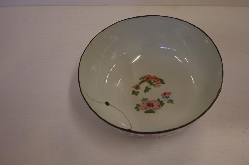 Chinese Qing porcelain bowl with floral decoration and antique restoration, 23.5cm diameter - Image 3 of 4