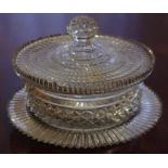 Georgian cut glass lidded butter dish & stand W15cm approx, chips to edges