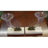Pair of antique glass cornucopia vases with cast bronze rams head mount and marble base,one A/F,
