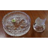 Waterford cut crystal dish together with a pressed glass bird paperweight