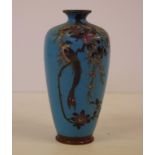 Vintage cloisonne vase with bird & blossom decoration on a blue ground, 12cm high approx.