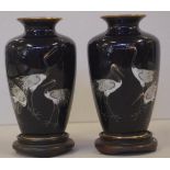 Pair of good Japanese cloisonne "crane" vases on timber stands, H14cm approx