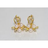 14ct yellow gold, pearl and diamond earrings with post and clip fittings, weight: approx 5.63