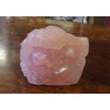 Rose quartz figure depicting a fish & dragonfly 12.5 cm high x 14 cm long