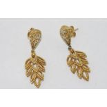 14ct yellow gold and diamond earrings with leaf shaped drop, weight: approx 7.4 grams, size: 3.8