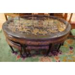 Chinese table and stools set comprising of carved glass top table 120cm x 75cm, 50cm high and 6