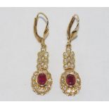 9ct yellow gold, diamond and ruby drop earrings weight: approx 6.2 grams, size: approx 4cm drop,