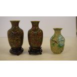 Three small cloisonne vases including 2 with stands 9.5cm high