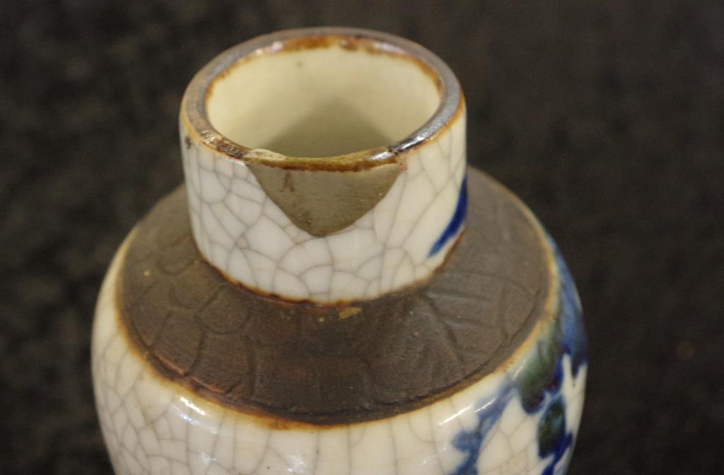 Early Chinese crackle glazed lidded vase blue and white court yard scene, repair to lid and vase, - Image 5 of 5
