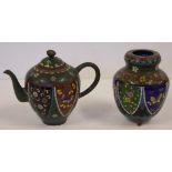 Early cloisonne vase and miniature teapot with butterfly and floral decoration, H11cm approx (