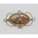 Edwardian gold & enamel brooch with boy & dog scene. Blue enamel on reverse.