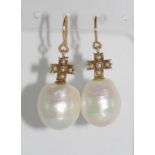 Edwardian 9ct gold earrings with large pearls