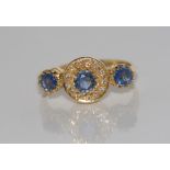 9ct yellow gold, 3 Ceylon sapphire & diamond ring weight: approx 2.8 grams, size: N/6-7