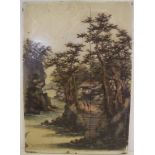 Early Chinese painted timber panel mountain river scene, signed lower right, 45cm x 32cm approx.,