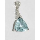 18ct white gold, aquamarine (2.96ct) pendant trillion cut aquamarine with diamonds (11 points),