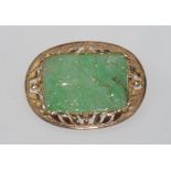 Large jade and 9ct rose gold brooch weight: approx 18.4 grams, size: 6 by 4.5cm