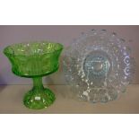 Vintage green glass comport 22cm high approx. & a blue glass platter