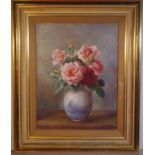 Nora Heysen (1911 - 2003) "Roses in blue pot" oil on board, signed lower right, 41 by 32cm