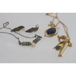 Marcasite necklace and earrings with opal brooch and pendant