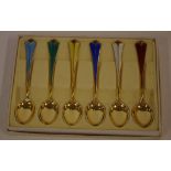 Six Norwegian gilt silver & enamel coffee spoons by David Andersen, 925/1000 purity, 9.8cm long,