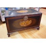 Vintage Chinese camphor wood chest with carved decoration and brass fitting, 91cm X 51cm approx
