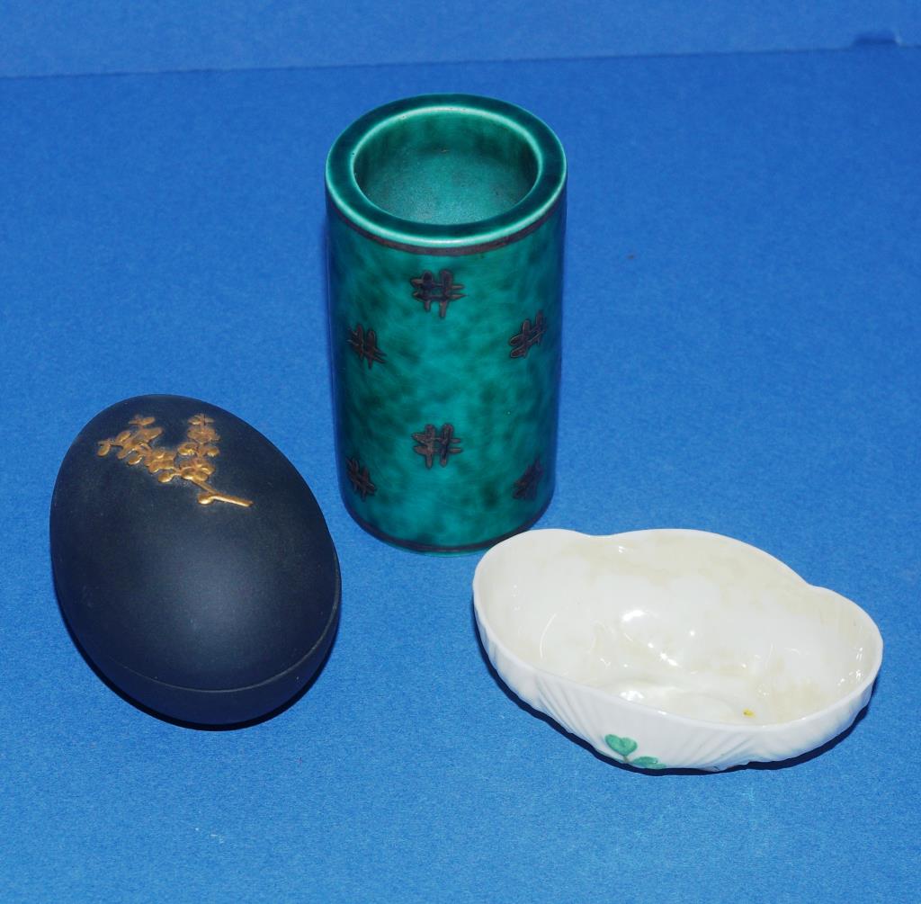 Swedish silver overlay cylinder vase together with a Belleek dish and a Wedgwood egg shape lidded - Image 2 of 2