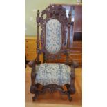 Antique rococo style throne armchair with ornate scrolled carving, 75cm wide, 60cm deep, 154cm high