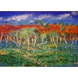 Peter McQueeney (1941-) Riverbank Landscape oil on board, signed lower right, 64 x 89 cm
