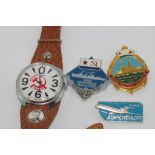 Vintage Soviet Raketa Big Zero Peterhof watch (not working when tested) with other Russian badges