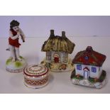 Two antique pastille burners, an antique Naples figure & a trinket box