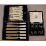 Cased silver plate and MOP handle fish set together with a Hardy Brothers set of six coffee spoons