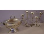 Antique Reed & Barton silver plated tureen together a 5 trumpet silver plated epergne