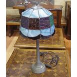 Tiffany style table lamp in blue, green and plum leadlight, with metal base, 59 cm high approx.