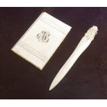 Antique ivory aide de memoire c. 1880 together with a floral carved bone letter opener
