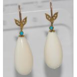 Vintage ivory earrings with 9ct gold hooks set with seed pearls and turquoise