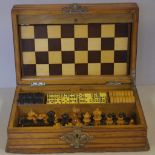 Antique Continental games box with ornate metal fittings, contains complete Chess set with board,