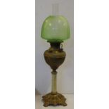 Antique Miller oil lamp with brass front and base, onyx column and acid etched green glass shade, in