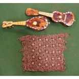Two miniature tortoiseshell mandolins together with a silver mesh purse