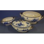 Doulton Burslem blue & white lidded tureen 30cm wide, together with a larger and smaller tureen