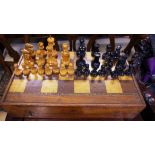 Vintage carved timber chess set in original inlay timber box
