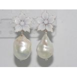 Pearl earrings with shell flower cameos