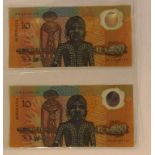 Two consecutive Australian 1988 polymer $10 notes AB24630126 and AB24630127