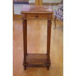 French parquetry walnut stand with marble top and drawer, 40cm wide, 85cm high