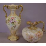 Crown Devon twin handle floral vase together with a Doulton Burslem ewer (repaired) H33cm approx (