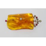 Large Baltic amber pendant with pearl & red stone bale and a centre opal, insects found within